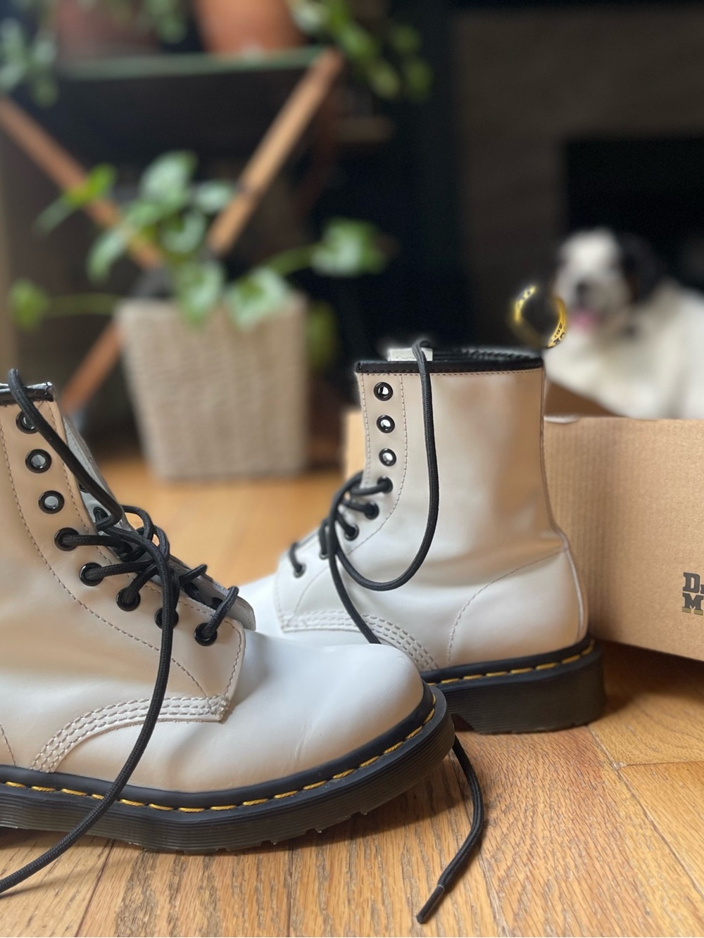 Dr. Martens White Leather Lace-Up Boots with Black Trim